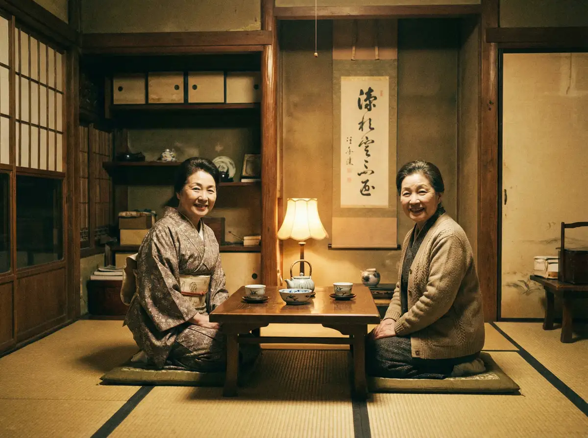 两位优雅的 万利app 在日式茶室中品茶交谈